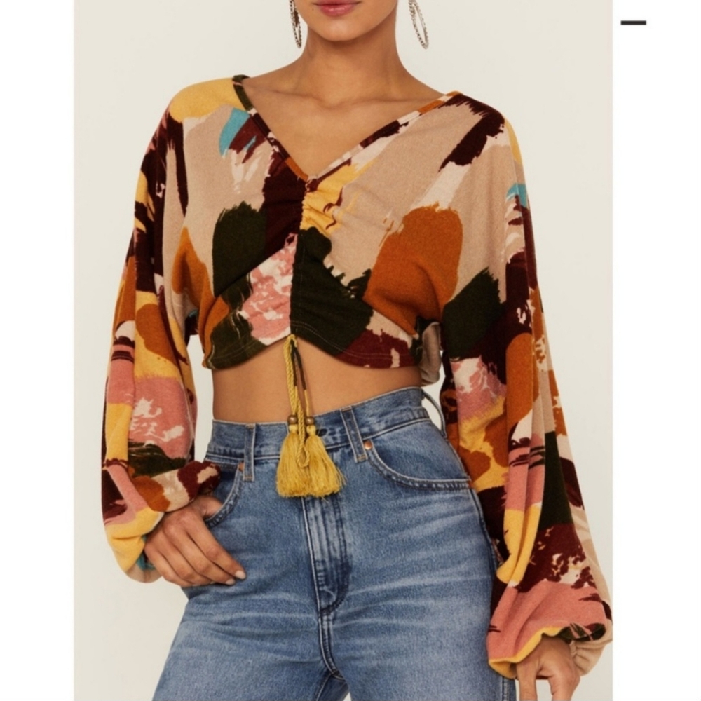 Saints & Hearts Ruched Multicolored Print Cinch Front Tassel T Long Sleeve Top M